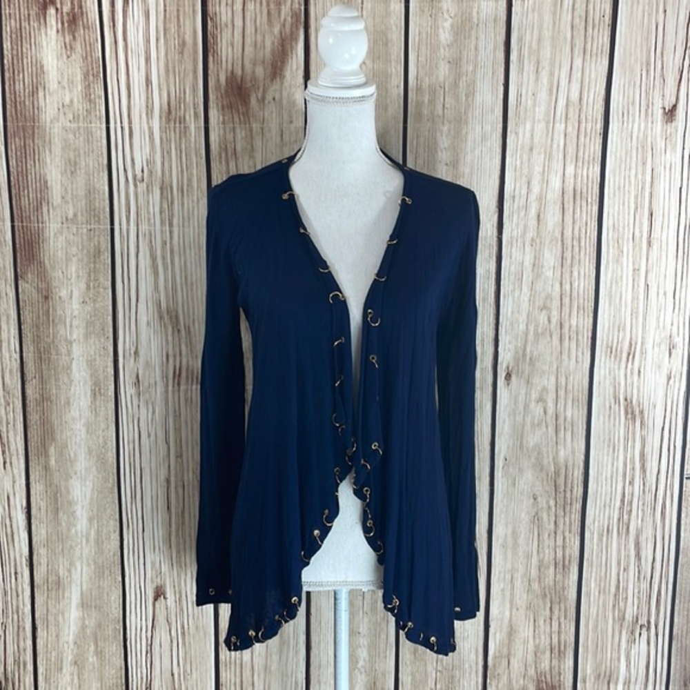 Fontana Navy Blue Cardigan w/Gold Eyelit & Ring Accents Size Small New